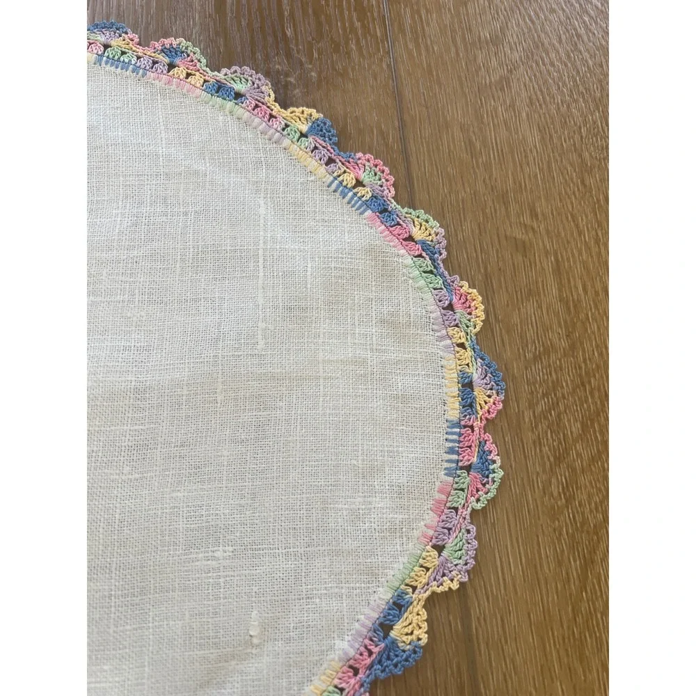 Vintage Linen Doilies Set of 3 Pastel Rainbow Crochet Lace Trim Scalloped Edge